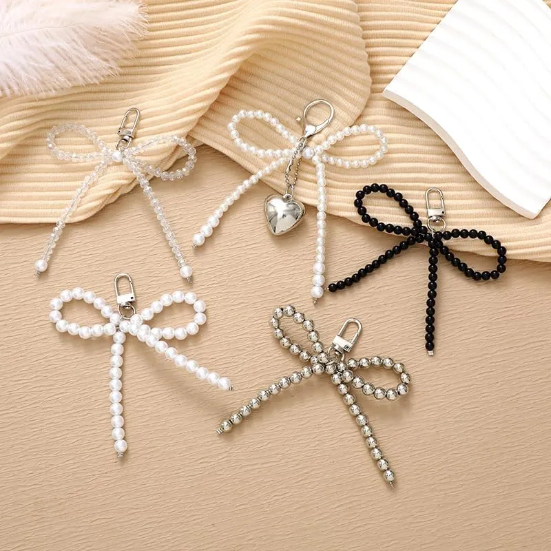 WJR Pearl Bow Bead Keychain Charm Elegant Bowknot Keyring Cute Bag Car Pruse Accessories