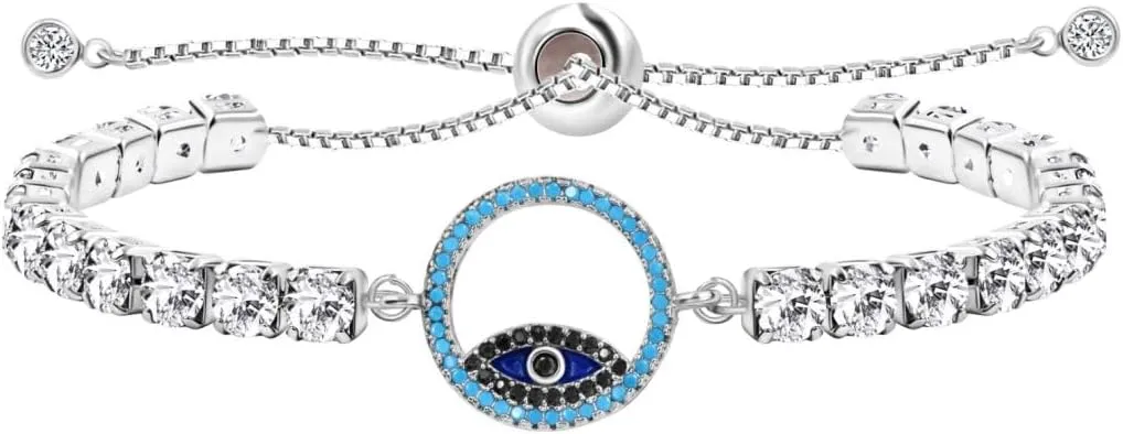 Womens Blue Evil Eye Protection Bracelet Round Cubic Zirconia Crystal Tennis Bracelets Slide Chain Adjustable
