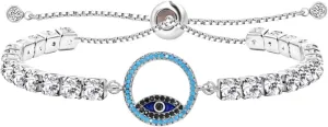 Womens Blue Evil Eye Protection Bracelet Round Cubic Zirconia Crystal Tennis Bracelets Slide Chain Adjustable