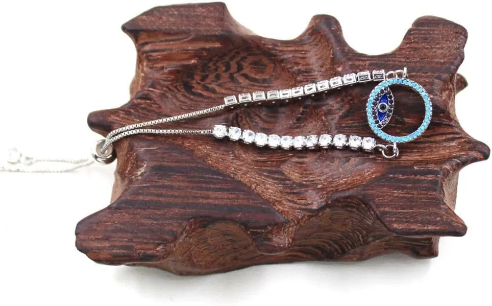 Womens Blue Evil Eye Protection Bracelet Round Cubic Zirconia Crystal Tennis Bracelets Slide Chain Adjustable