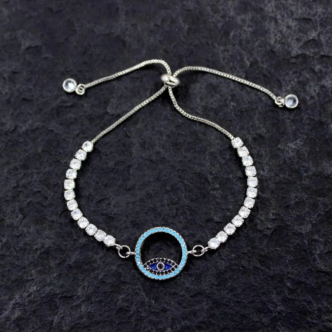 Womens Blue Evil Eye Protection Bracelet Round Cubic Zirconia Crystal Tennis Bracelets Slide Chain Adjustable