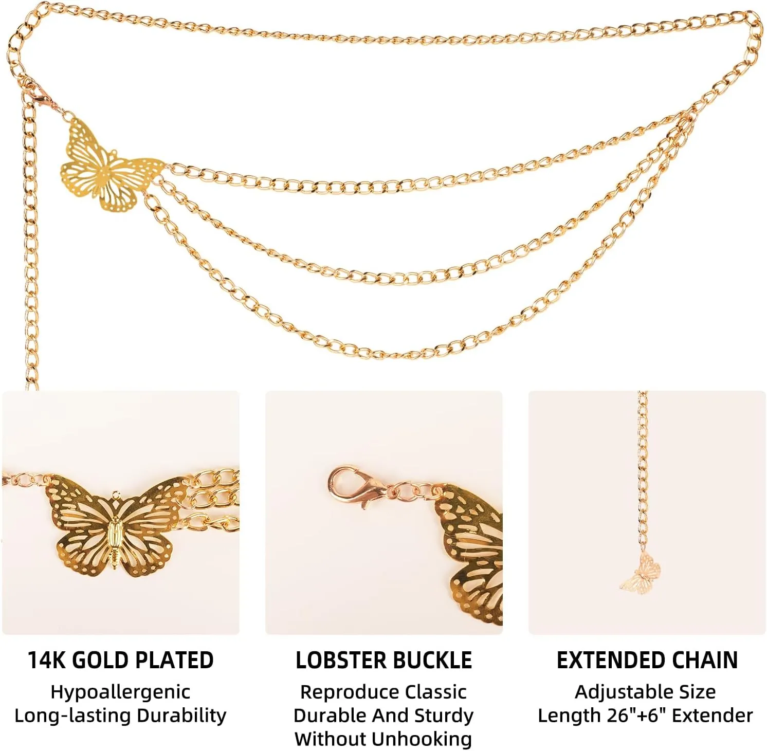 Womens Layered Butterfly Waist Chain Belt Elegant Metal Body Jewelry for Dresses, Skirts & Trousers