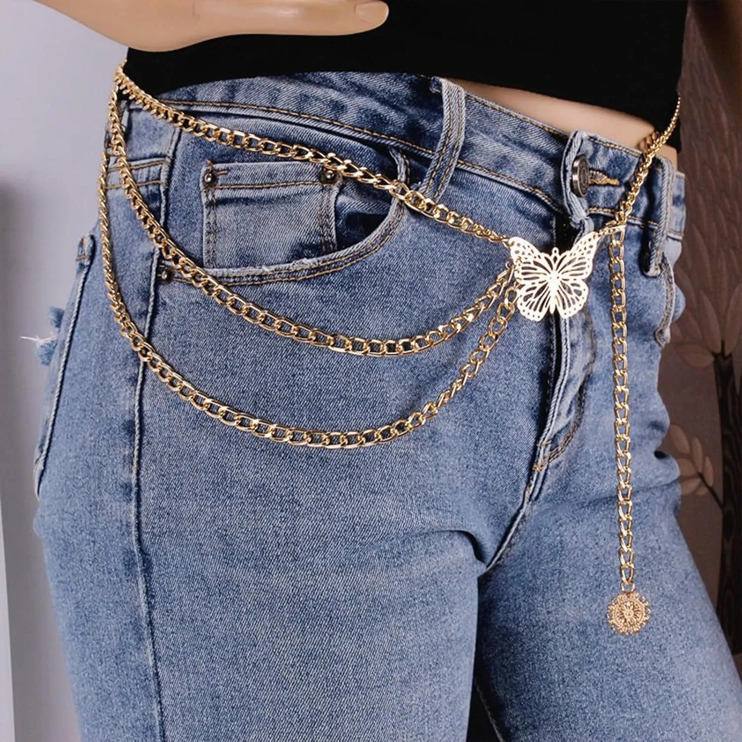Womens Layered Butterfly Waist Chain Belt Elegant Metal Body Jewelry for Dresses, Skirts & Trousers