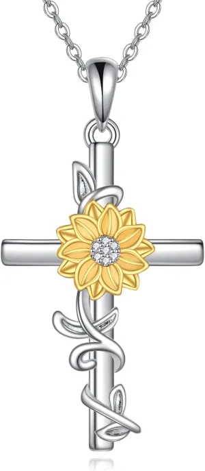 Women's Sunflower/Rose Cross Necklace 925 Sterling Silver Delicate Sunflower Pendant Ladies Mum Sunflower/Rose Gift