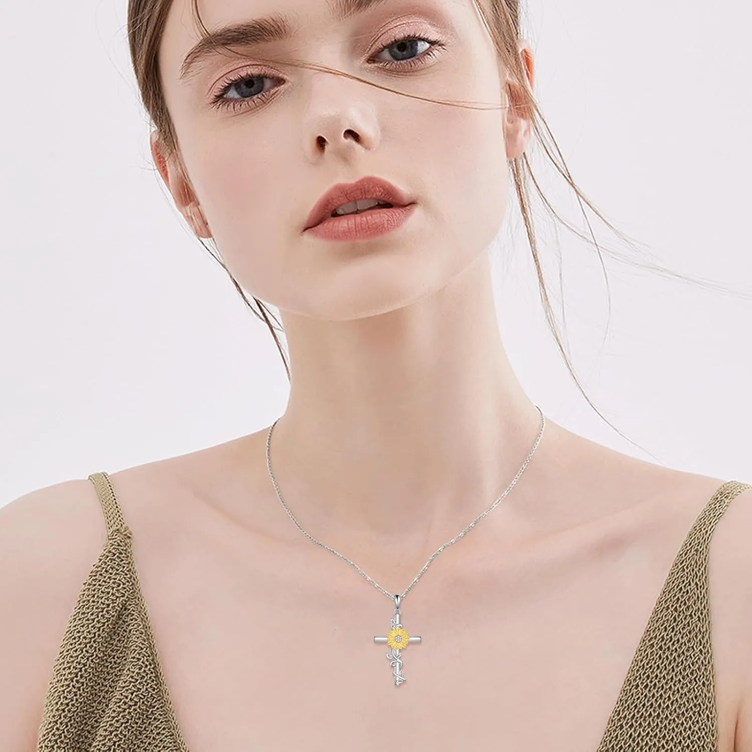 Women's Sunflower/Rose Cross Necklace 925 Sterling Silver Delicate Sunflower Pendant Ladies Mum Sunflower/Rose Gift