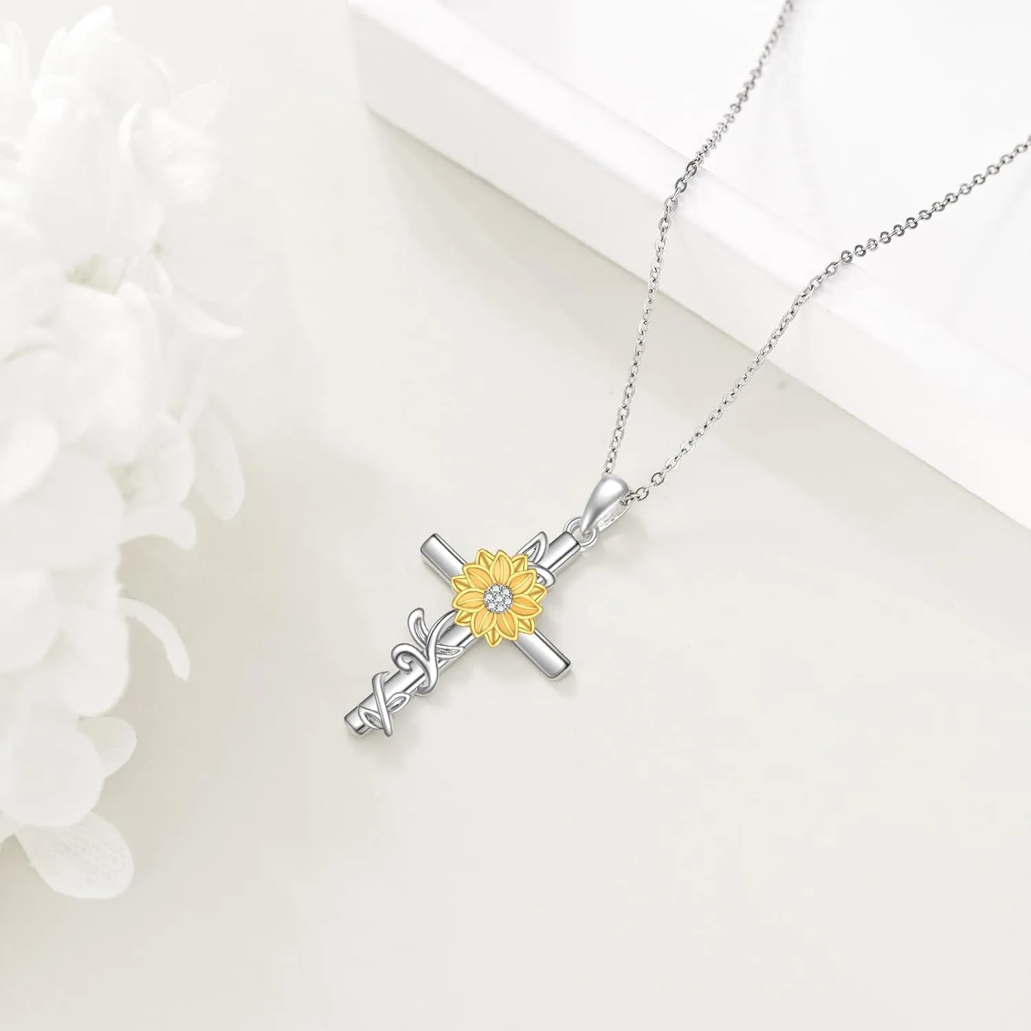 Women's Sunflower/Rose Cross Necklace 925 Sterling Silver Delicate Sunflower Pendant Ladies Mum Sunflower/Rose Gift