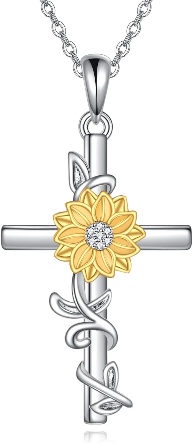 Women's Sunflower/Rose Cross Necklace 925 Sterling Silver Delicate Sunflower Pendant Ladies Mum Sunflower/Rose Gift