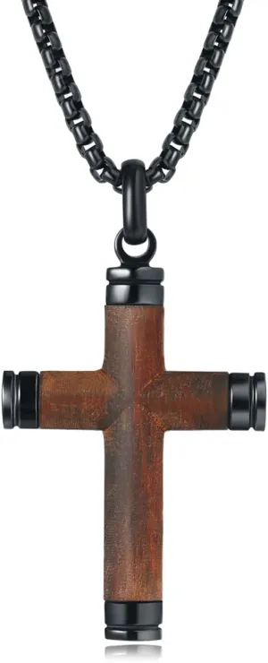 Wooden Cross Necklace for Men Real Handmade Ebony Wood Cross Pendant Stainless Steel Chain, Mens Cross Necklaces Christian Crucifix Pendant for Men