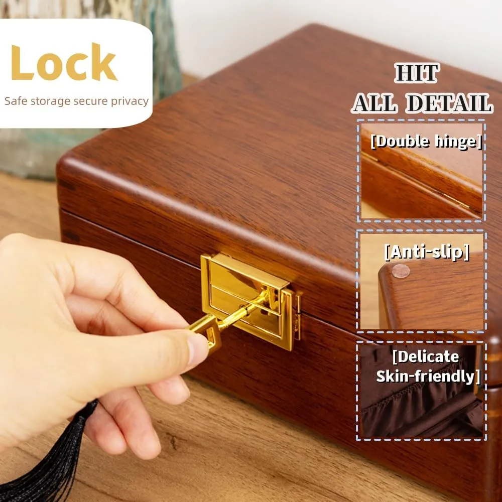 Wooden Jewelry Box with Lock,Double Layer Solid Walnut Wood Jewelry Organizer With Key Velvet Lining for Earrings Rings Necklaces Bracelets Cufflink Pendants Gift Idea Men Women