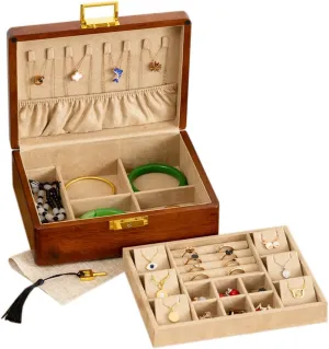 Wooden Jewelry Box with Lock,Double Layer Solid Walnut Wood Jewelry Organizer With Key Velvet Lining for Earrings Rings Necklaces Bracelets Cufflink Pendants Gift Idea Men Women