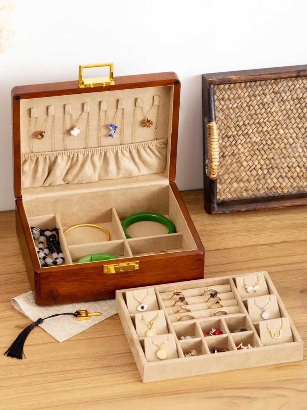 Wooden Jewelry Box with Lock,Double Layer Solid Walnut Wood Jewelry Organizer With Key Velvet Lining for Earrings Rings Necklaces Bracelets Cufflink Pendants Gift Idea Men Women
