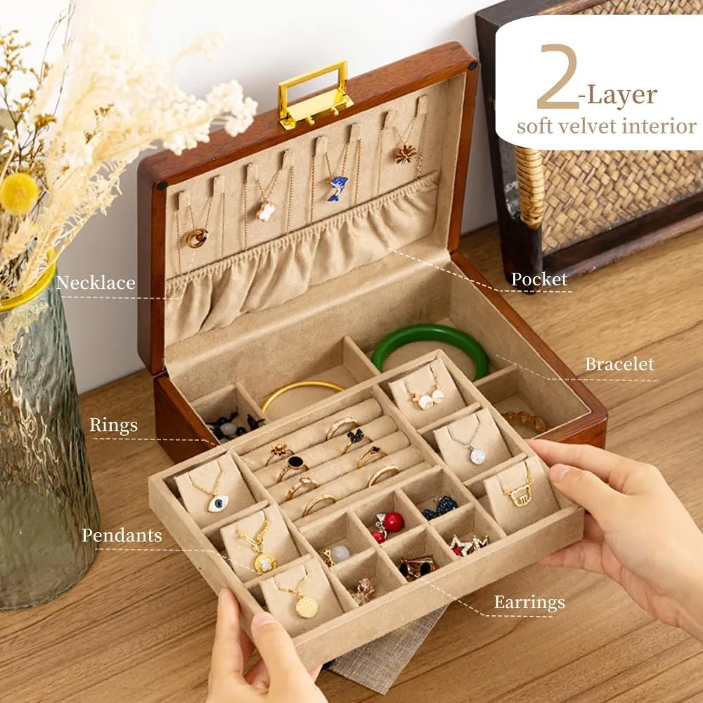 Wooden Jewelry Box with Lock,Double Layer Solid Walnut Wood Jewelry Organizer With Key Velvet Lining for Earrings Rings Necklaces Bracelets Cufflink Pendants Gift Idea Men Women