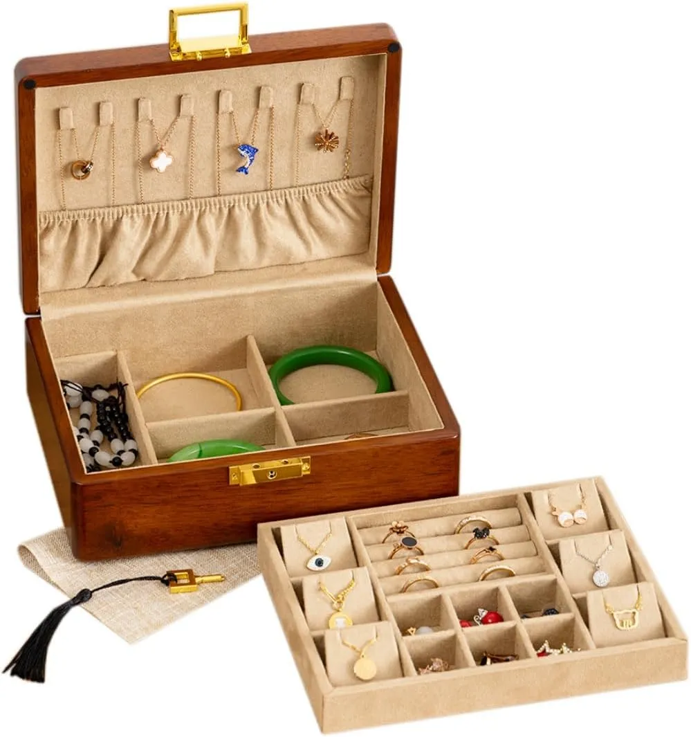 Wooden Jewelry Box with Lock,Double Layer Solid Walnut Wood Jewelry Organizer With Key Velvet Lining for Earrings Rings Necklaces Bracelets Cufflink Pendants Gift Idea Men Women