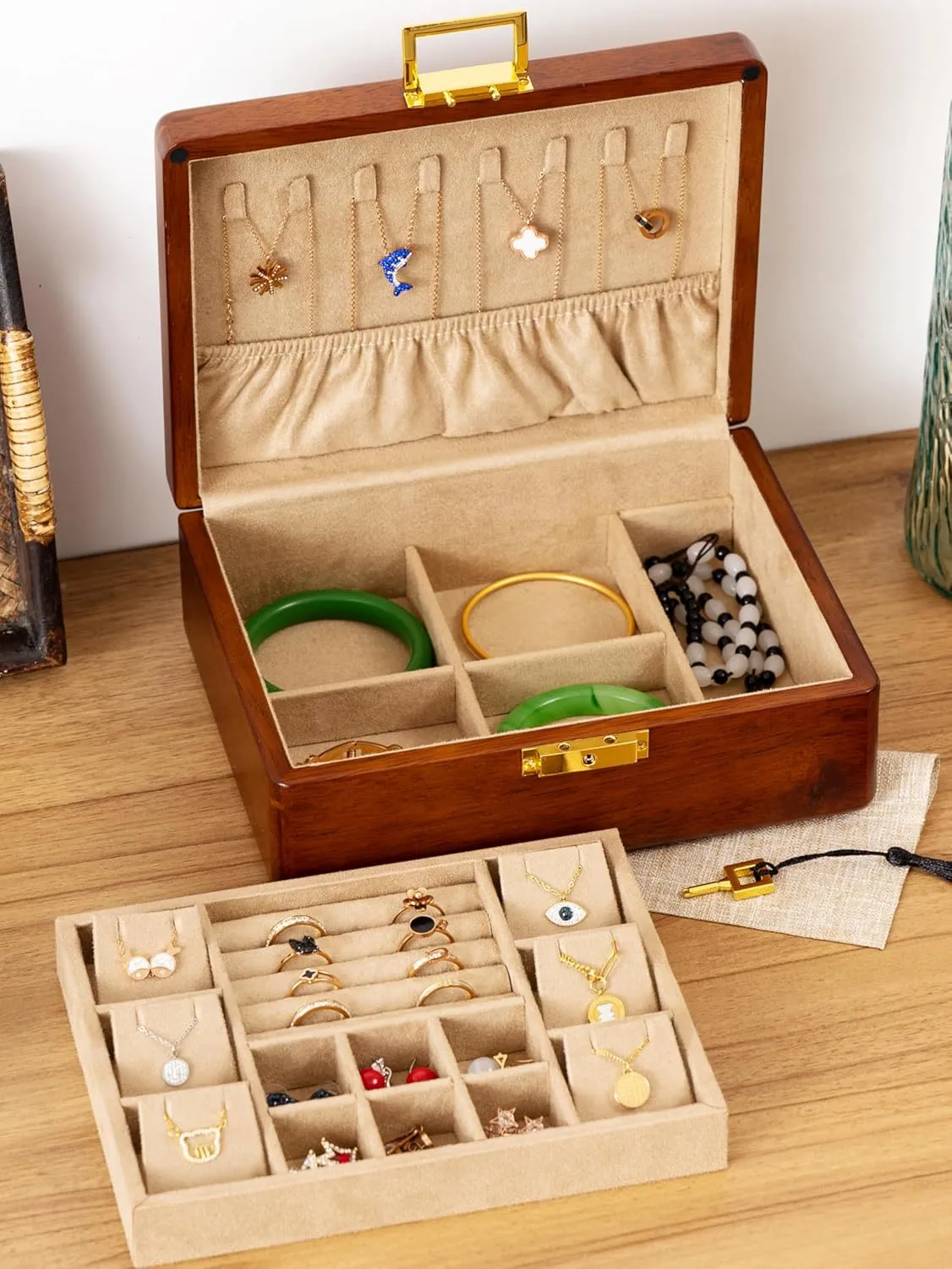 Wooden Jewelry Box with Lock,Double Layer Solid Walnut Wood Jewelry Organizer With Key Velvet Lining for Earrings Rings Necklaces Bracelets Cufflink Pendants Gift Idea Men Women