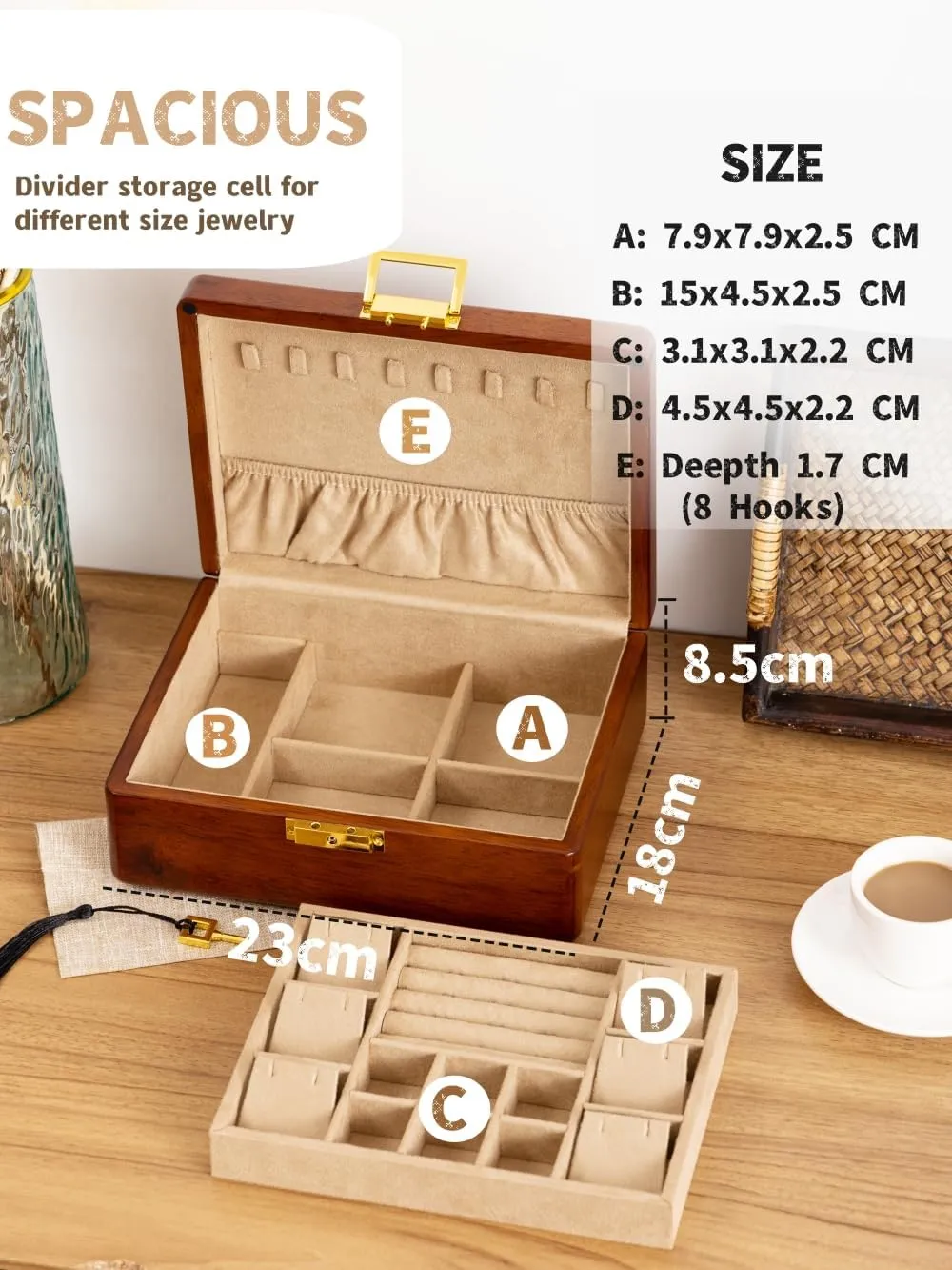 Wooden Jewelry Box with Lock,Double Layer Solid Walnut Wood Jewelry Organizer With Key Velvet Lining for Earrings Rings Necklaces Bracelets Cufflink Pendants Gift Idea Men Women
