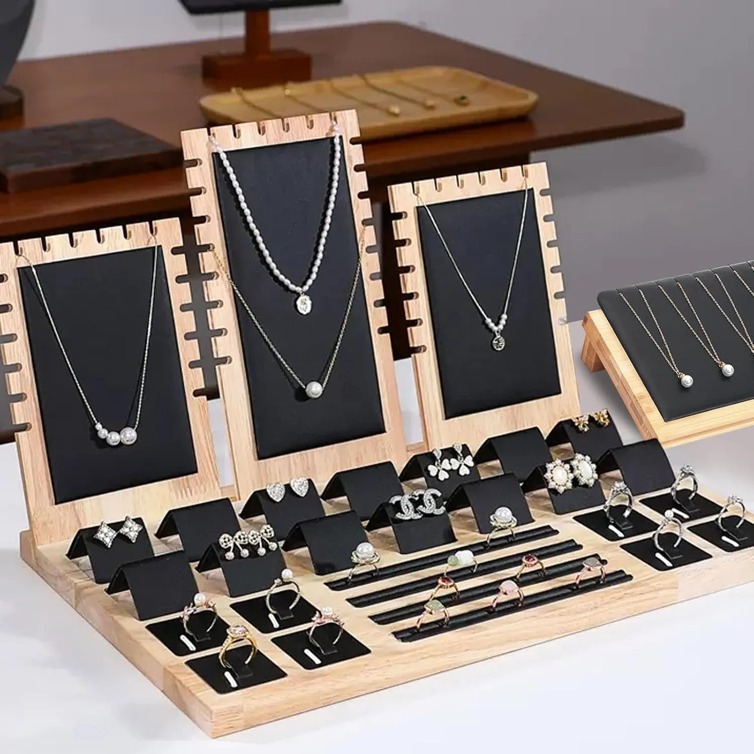 Wooden Jewelry Display Stand Set Pendant Necklace Display Holder Ring Earrings Bracelet Tabletop Storage Organizer Stand Set Combination for Show (Black)