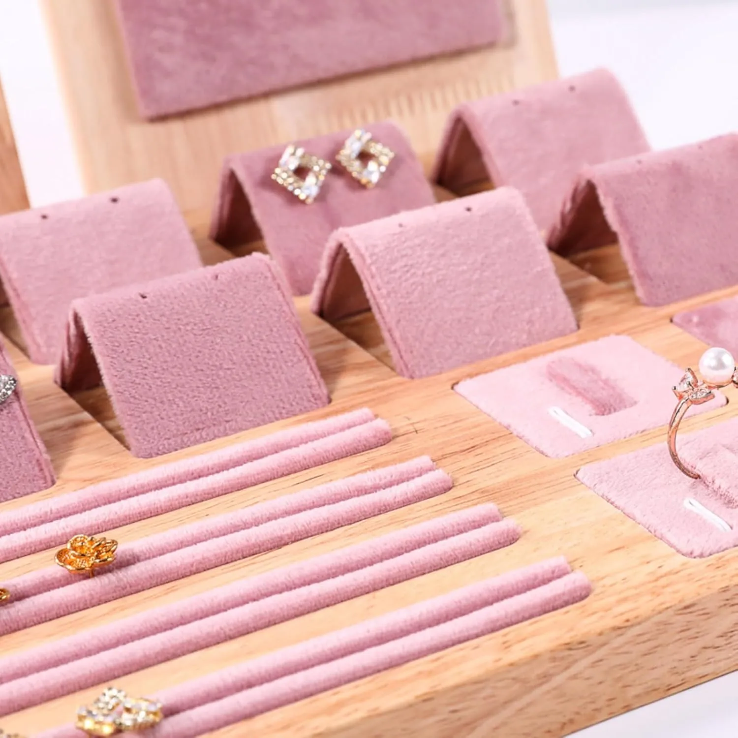 Wooden Jewelry Display Stand Set Pendant Necklace Display Holder Ring Earrings Bracelet Tabletop Storage Organizer Stand Set Combination for Show (Pink)
