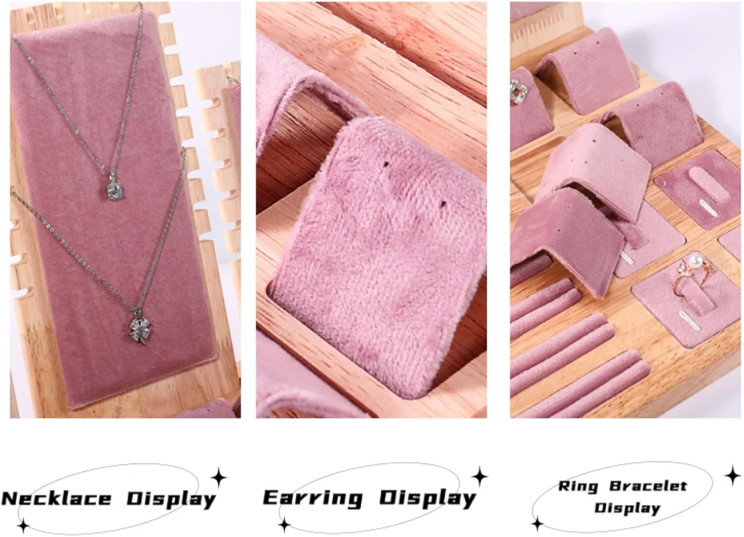 Wooden Jewelry Display Stand Set Pendant Necklace Display Holder Ring Earrings Bracelet Tabletop Storage Organizer Stand Set Combination for Show (Pink)