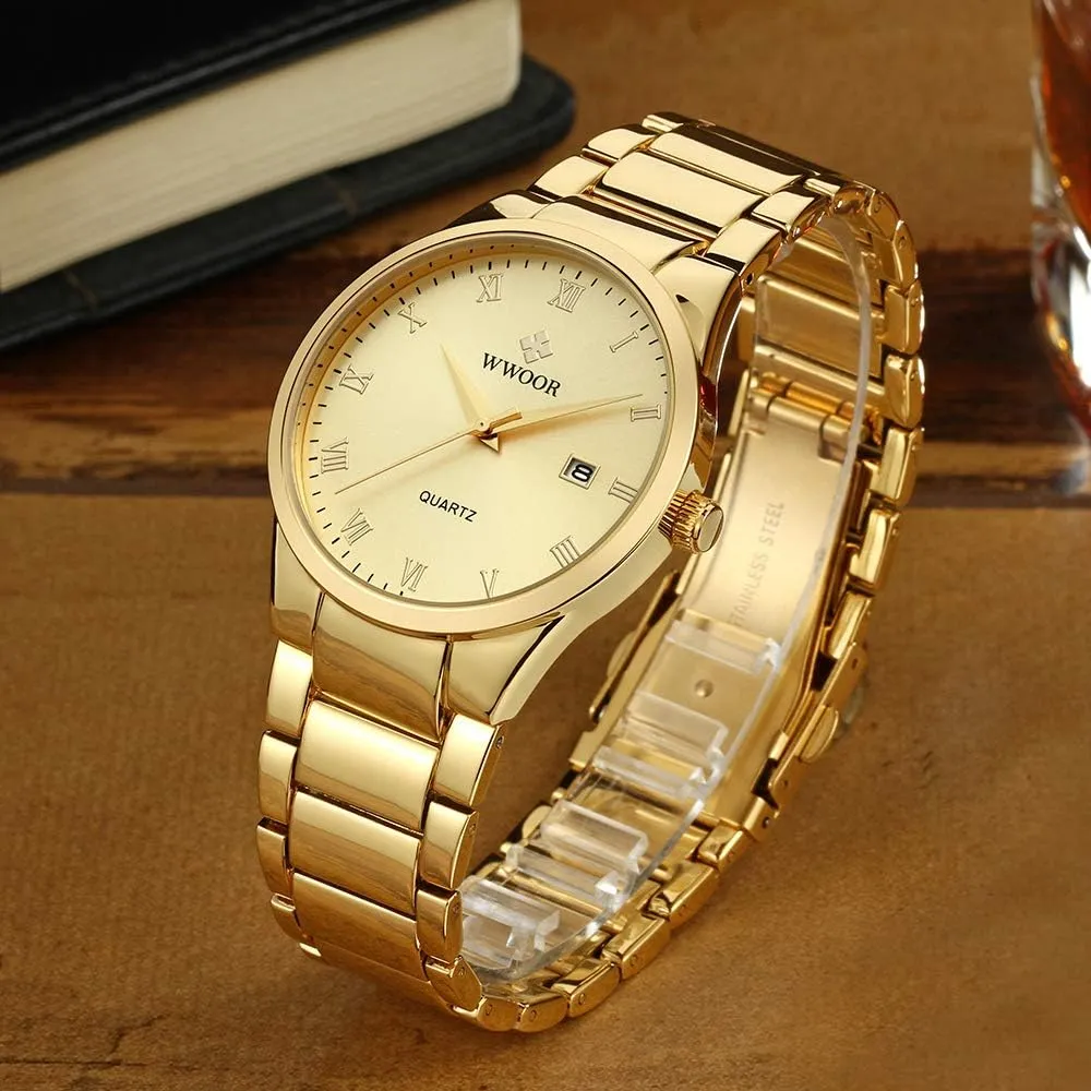 WWOOR Men's Quartz Stainless Steel and Metal Black and Gold Watches for Men Waterproof Casual Wrist Watch with Date 