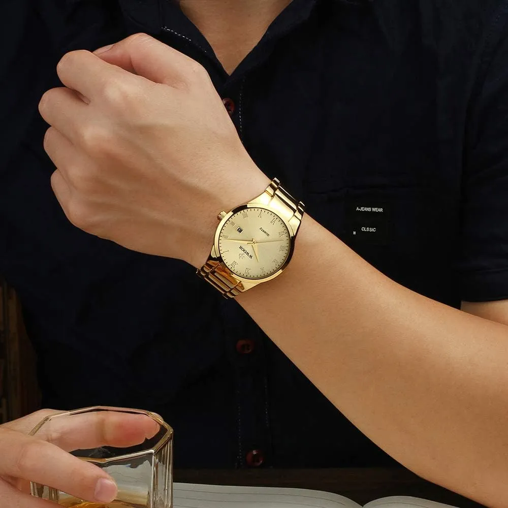 WWOOR Men's Quartz Stainless Steel and Metal Black and Gold Watches for Men Waterproof Casual Wrist Watch with Date 