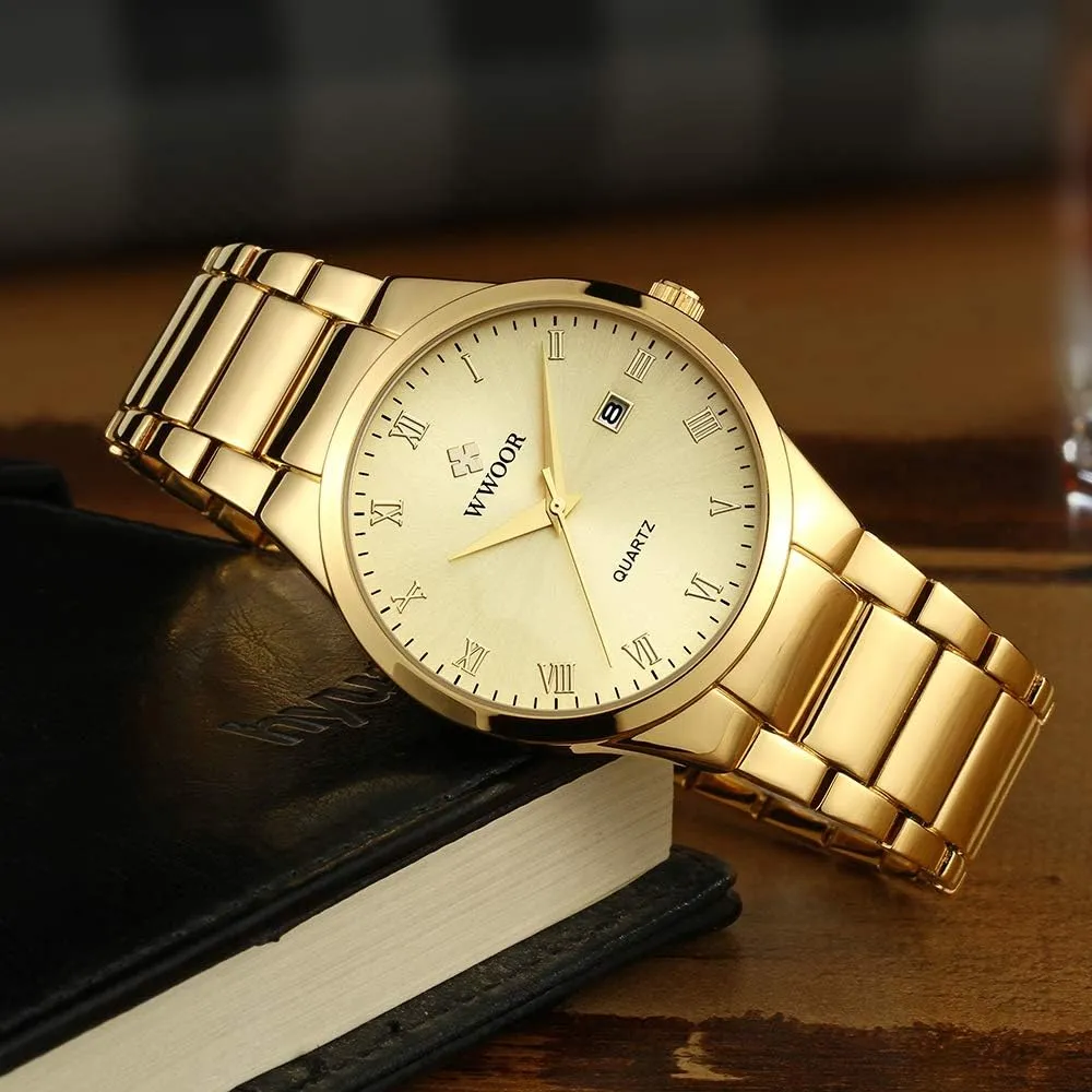 WWOOR Men's Quartz Stainless Steel and Metal Black and Gold Watches for Men Waterproof Casual Wrist Watch with Date 