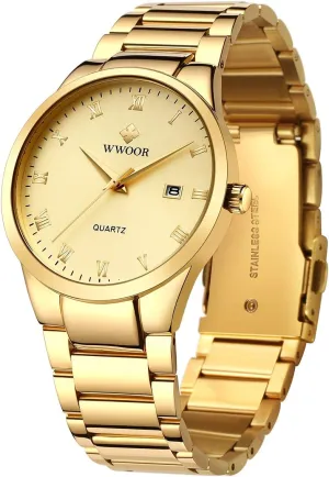 WWOOR Men's Quartz Stainless Steel and Metal Black and Gold Watches for Men Waterproof Casual Wrist Watch with Date 