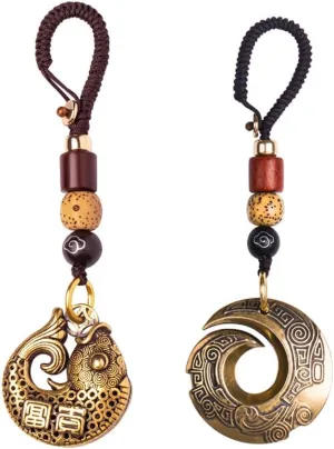 Ximimark 2 pcs Lucky Fish Brass Car Pendant Key Chain Vintage Chinese Style Handmade Woven Rope Keychain Lanyard Keyring Hanging Crafts