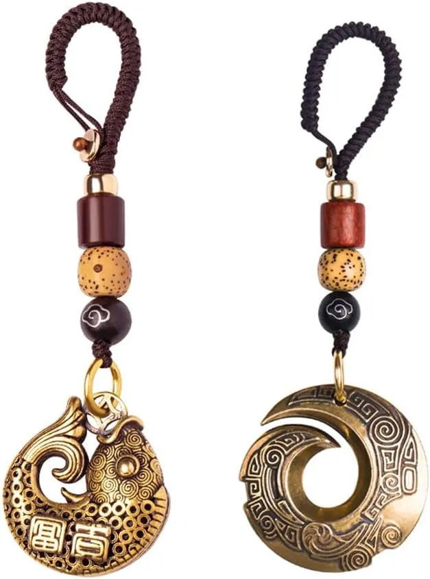 Ximimark 2 pcs Lucky Fish Brass Car Pendant Key Chain Vintage Chinese Style Handmade Woven Rope Keychain Lanyard Keyring Hanging Crafts