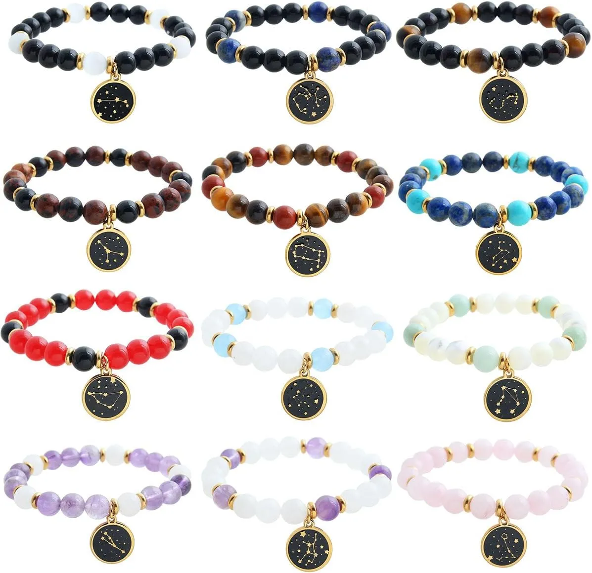 xuzhiyuan Zodiac Natural Stone Beads Horoscope Charm Bracelets 12 Constellation Astrology Healing Gemstone Crystal Card Packaging Bracelet for Women Girls Teens Birthday Anniversary Friendship Exquisite Promise Jewelry Gift Card