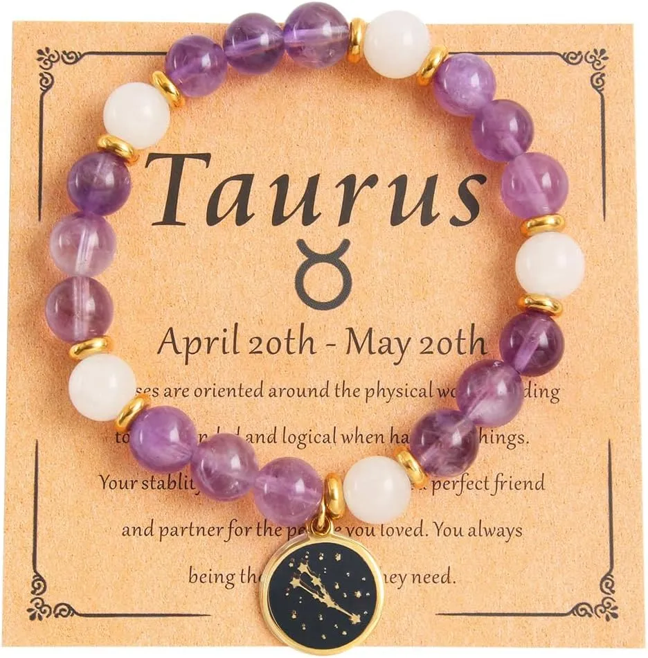 xuzhiyuan Zodiac Natural Stone Beads Horoscope Charm Bracelets 12 Constellation Astrology Healing Gemstone Crystal Card Packaging Bracelet for Women Girls Teens Birthday Anniversary Friendship Exquisite Promise Jewelry Gift Card