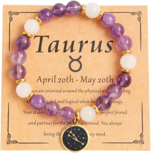 xuzhiyuan Zodiac Natural Stone Beads Horoscope Charm Bracelets 12 Constellation Astrology Healing Gemstone Crystal Card Packaging Bracelet for Women Girls Teens Birthday Anniversary Friendship Exquisite Promise Jewelry Gift Card