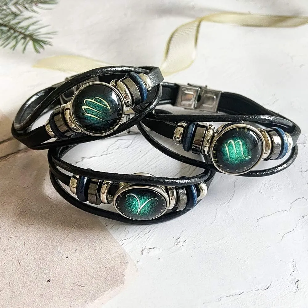 YANCHUN 2 Pcs Zodiac Bracelet for Men Cuff Zodiac Gift Leather Bracelet Constellation Braided Bracelet Birthday Christmas Gift