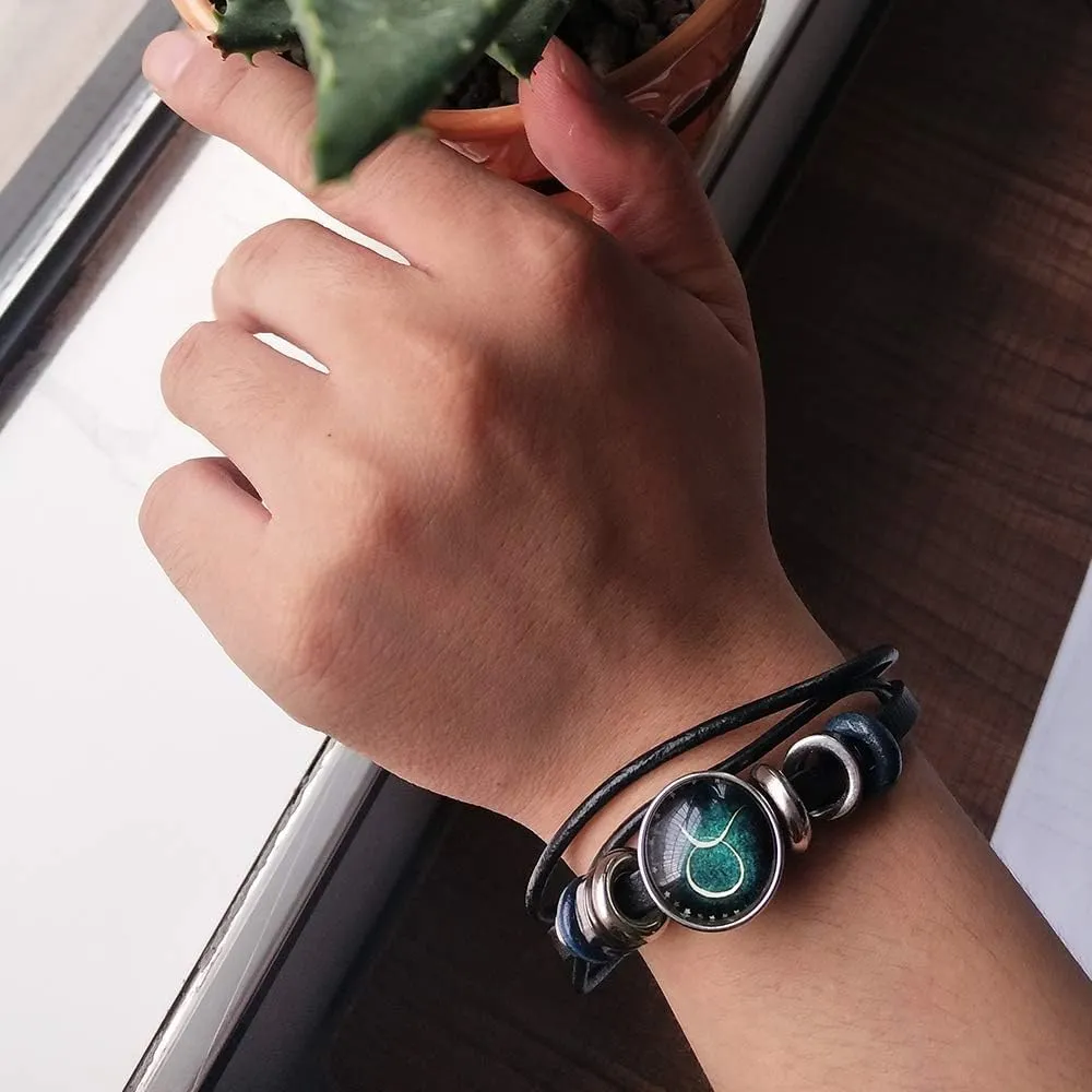 YANCHUN 2 Pcs Zodiac Bracelet for Men Cuff Zodiac Gift Leather Bracelet Constellation Braided Bracelet Birthday Christmas Gift