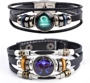 YANCHUN 2 Pcs Zodiac Bracelet for Men Cuff Zodiac Gift Leather Bracelet Constellation Braided Bracelet Birthday Christmas Gift