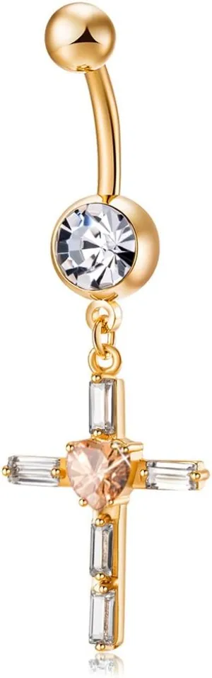 YAZILIND Barbells Piercing Elegant Champagne Zirconia Stainless Steel Cross Navel Ring Belly Button Women
