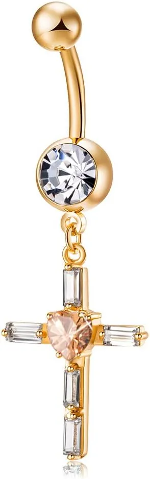YAZILIND Barbells Piercing Elegant Champagne Zirconia Stainless Steel Cross Navel Ring Belly Button Women