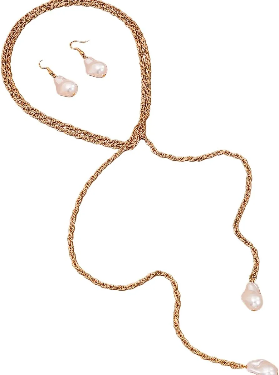 YAZILIND Imitation Pearl Necklace with Dangle Earrings Women's Simple Chain Necklaces Jewlry Set(Gold)