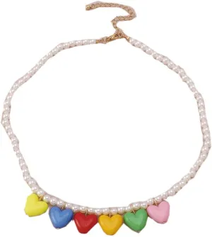 YAZILIND Women's Heart-Shape Pendant Necklace Simple Imitation Pearl Chain Necklaces Personality Collar Female Party Jewelry(Color)