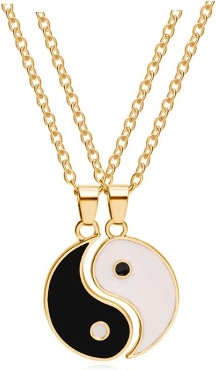 Yinyang BFF Couples Pendant Necklace 2Pcs Matching Puzzle Pendant Necklaces for Women Men Friendship Boyfriend Girlfriend Jewelry-Gold