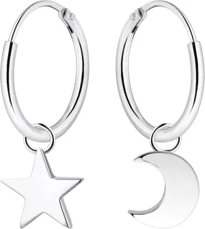 YL Hoop Earrings 925 Sterling Silver Polished Star/Cross/Moon Circle Endless Earrings 15mm Dangle Hoops Diameter Jewelry