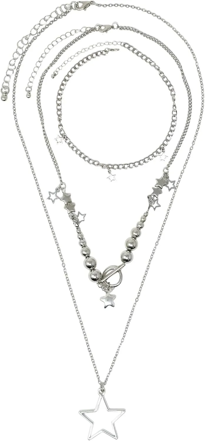 yueton 1 Pack Y2K Star Necklace Gothic Triple Layered Necklace Cute Star Necklace Adorable Jewelry Gift for Women