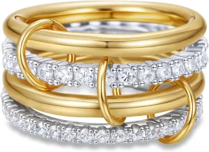 YVVLEE Gold Silver Stackable Rings for Women Non Tarnish 14k Gold Plated Interlocked Statement Rings Set Dainty Cubic Zirconia CZ Trendy Chunky Multi-Link Connected Rings
