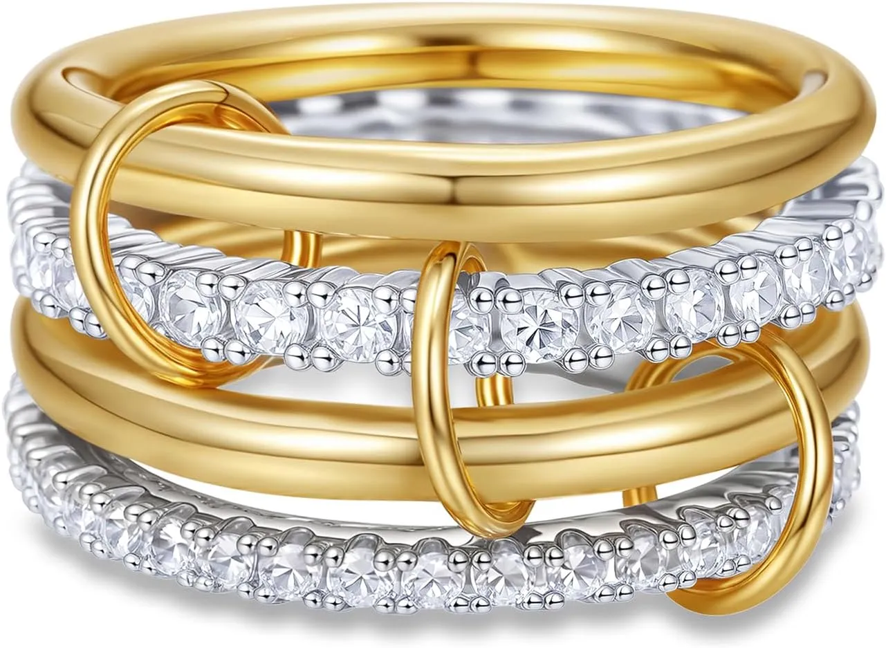 YVVLEE Gold Silver Stackable Rings for Women Non Tarnish 14k Gold Plated Interlocked Statement Rings Set Dainty Cubic Zirconia CZ Trendy Chunky Multi-Link Connected Rings
