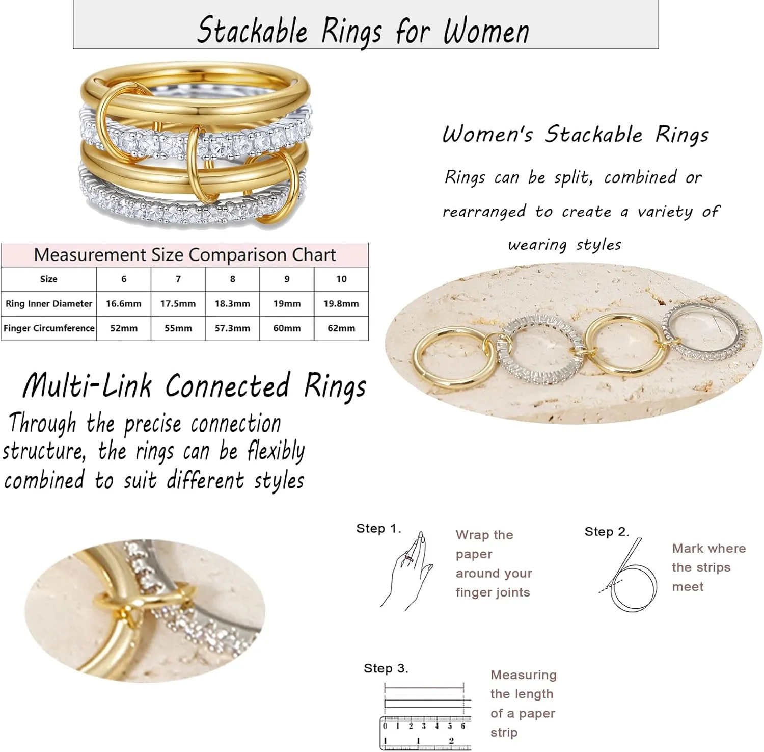 YVVLEE Gold Silver Stackable Rings for Women Non Tarnish 14k Gold Plated Interlocked Statement Rings Set Dainty Cubic Zirconia CZ Trendy Chunky Multi-Link Connected Rings