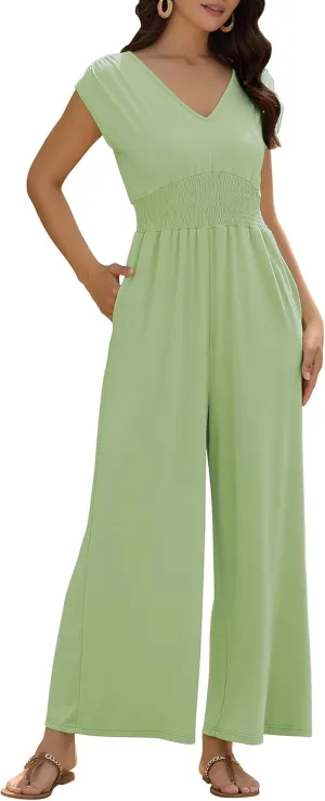 ZAFUL Womens Summer Jumpsuits 2025 Smocked Waist Dressy Casual One Piece Outfits with Pockets